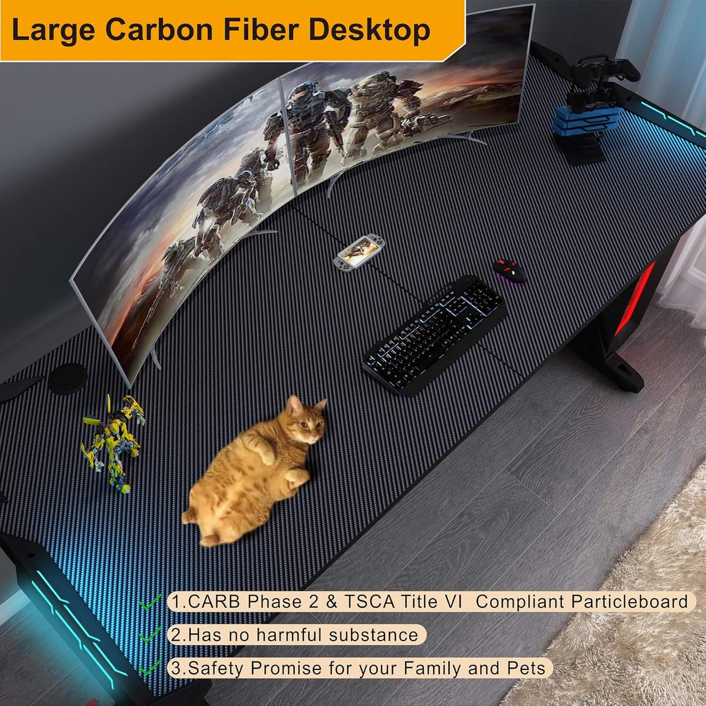 60" Gaming Desk with RGB LED Lights, Large Z-Shaped Gaming PC Desk with Carbon Fiber Desktop Home Office Computer Game Desk Table for Gamer W Mouse Pad, Cup Holder, Headphone Hook, Black