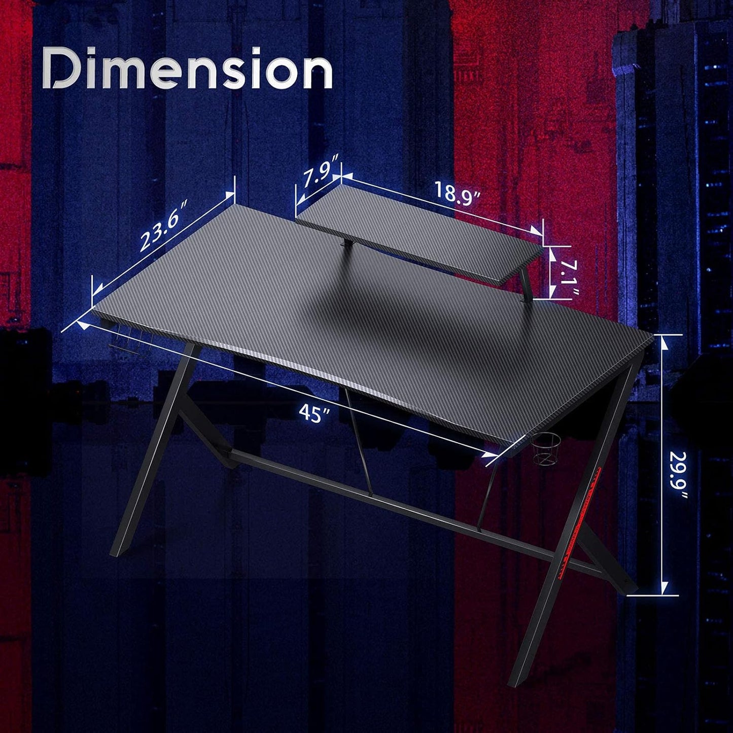 Gaming Desk 45 Inch, Computer Desk with Monitor Shelf, Gaming Table Carbon Fiber Coated, Gift Ideas, Gamer Desk with Cup Holder and Headphone Hook, Black