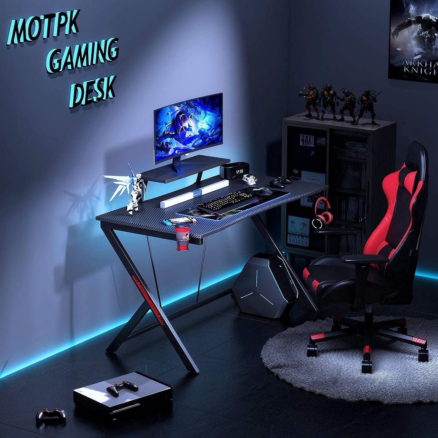 Gaming Desk 45 Inch, Computer Desk with Monitor Shelf, Gaming Table Carbon Fiber Coated, Gift Ideas, Gamer Desk with Cup Holder and Headphone Hook, Black