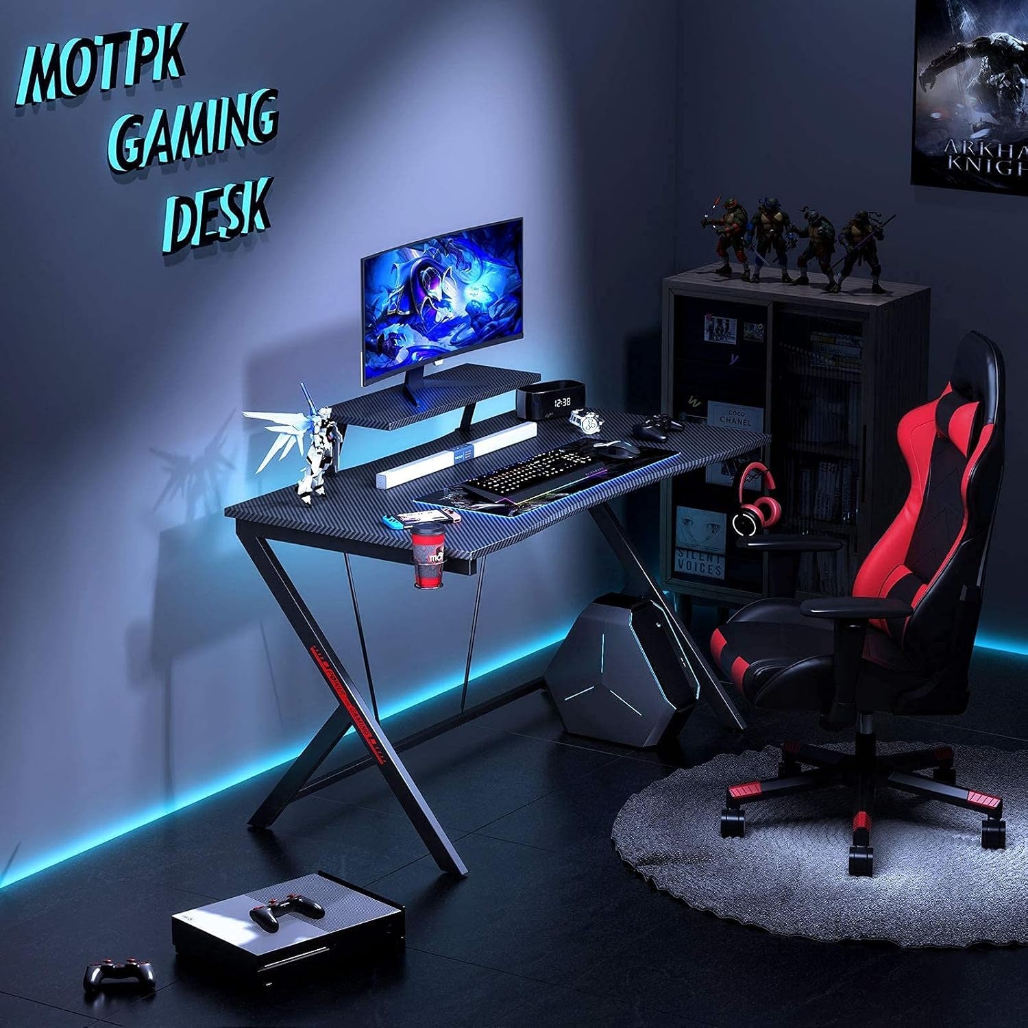 Gaming Desk 45 Inch, Computer Desk with Monitor Shelf, Gaming Table Carbon Fiber Coated, Gift Ideas, Gamer Desk with Cup Holder and Headphone Hook, Black