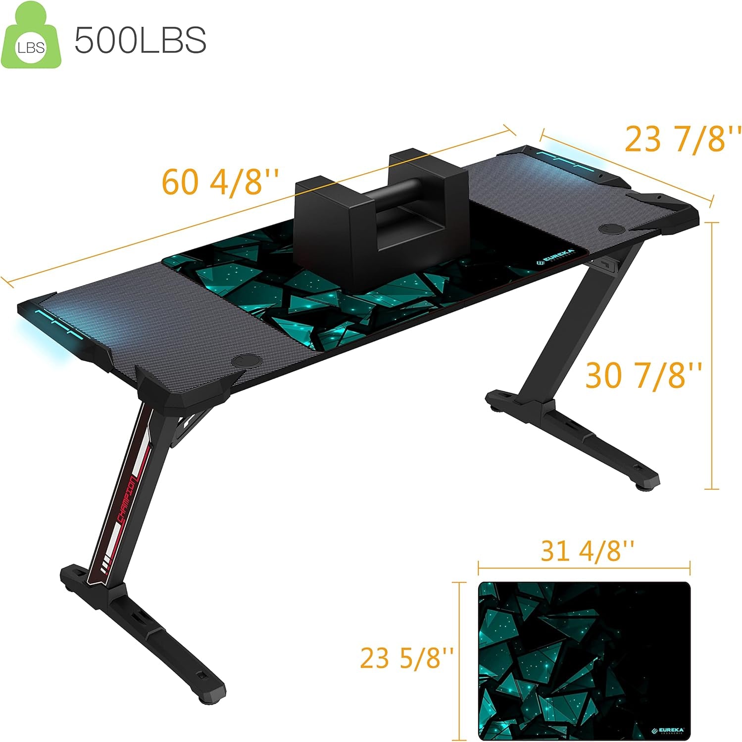 60" Gaming Desk with RGB LED Lights, Large Z-Shaped Gaming PC Desk with Carbon Fiber Desktop Home Office Computer Game Desk Table for Gamer W Mouse Pad, Cup Holder, Headphone Hook, Black