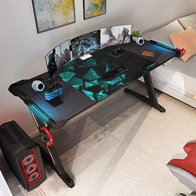 60" Gaming Desk with RGB LED Lights, Large Z-Shaped Gaming PC Desk with Carbon Fiber Desktop Home Office Computer Game Desk Table for Gamer W Mouse Pad, Cup Holder, Headphone Hook, Black