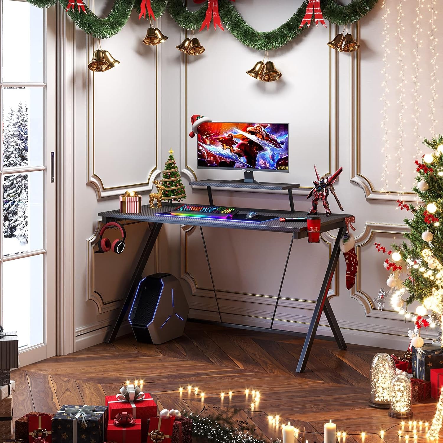 Gaming Desk 45 Inch, Computer Desk with Monitor Shelf, Gaming Table Carbon Fiber Coated, Gift Ideas, Gamer Desk with Cup Holder and Headphone Hook, Black