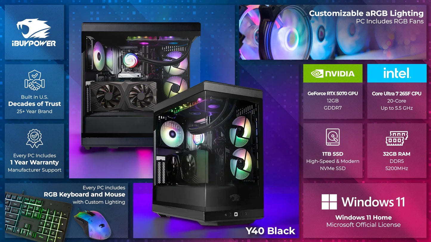 Y40BI7N5701 Gaming PC Desktop - Intel Core Ultra 7 265F - NVIDIA RTX 5070 12GB - 32GB DDR5 Non-Rgb RAM - 1TB Nvme SSD