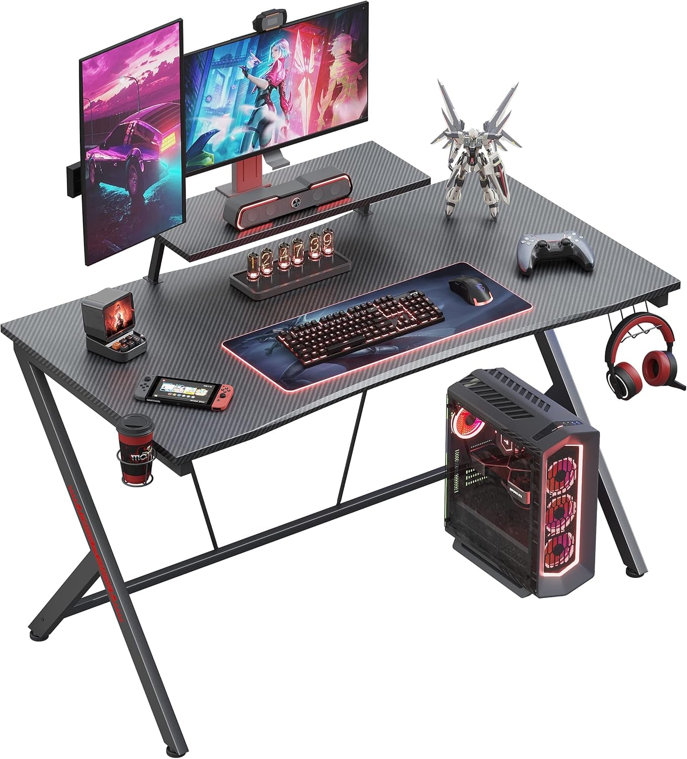 Gaming Desk 45 Inch, Computer Desk with Monitor Shelf, Gaming Table Carbon Fiber Coated, Gift Ideas, Gamer Desk with Cup Holder and Headphone Hook, Black
