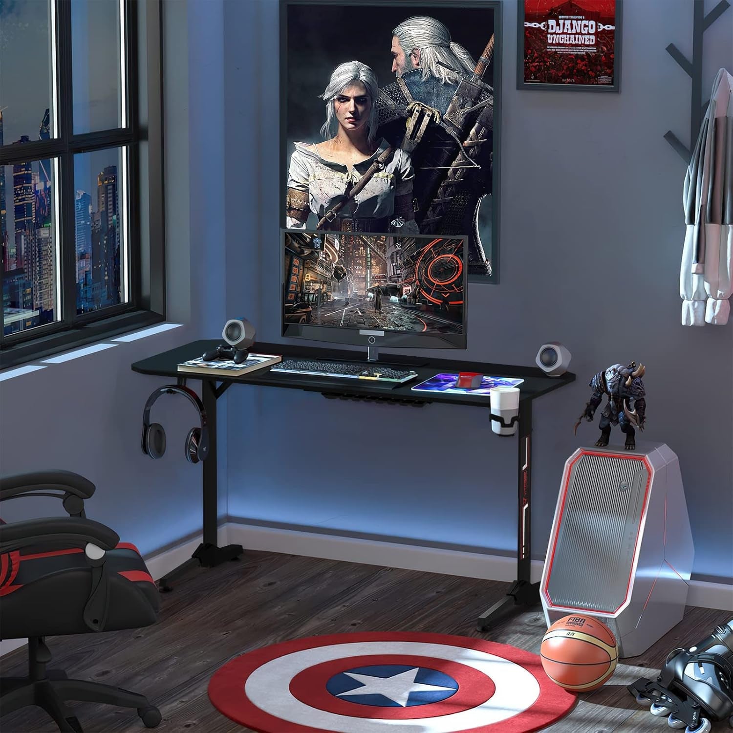 VITESSE 55 Inch Gaming Desk, Gaming Computer Desk, PC Gaming Table, T Shaped Racing Style Proitessfessional Gamer Game Station with Mouse Pad, USB Gaming Handle Rack, Cup Holder Headphone Hook