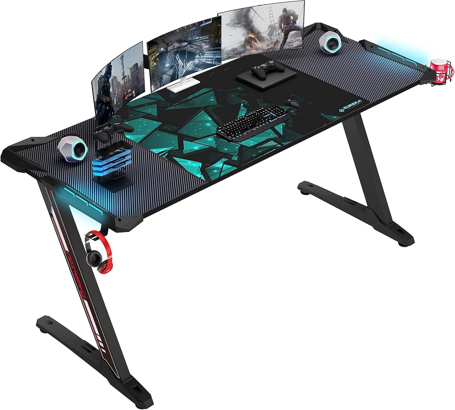 60" Gaming Desk with RGB LED Lights, Large Z-Shaped Gaming PC Desk with Carbon Fiber Desktop Home Office Computer Game Desk Table for Gamer W Mouse Pad, Cup Holder, Headphone Hook, Black