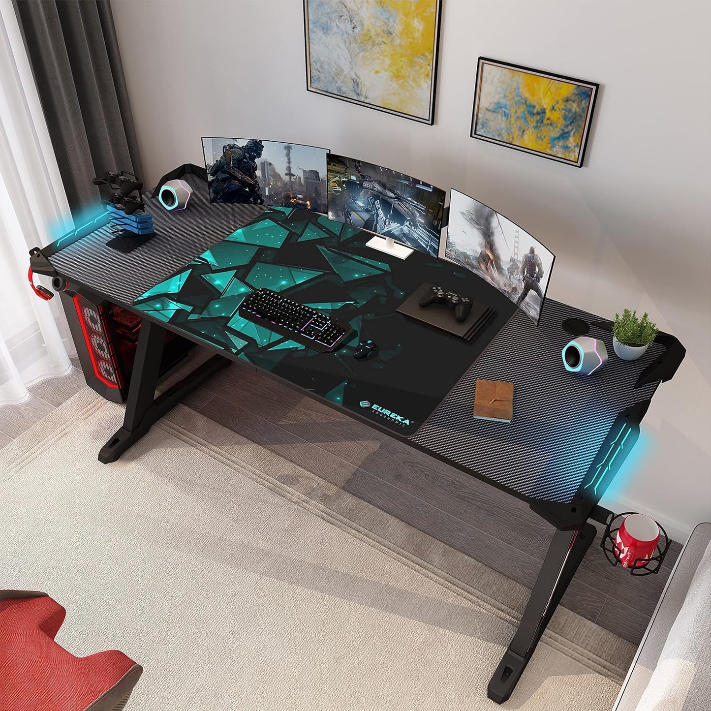 60" Gaming Desk with RGB LED Lights, Large Z-Shaped Gaming PC Desk with Carbon Fiber Desktop Home Office Computer Game Desk Table for Gamer W Mouse Pad, Cup Holder, Headphone Hook, Black