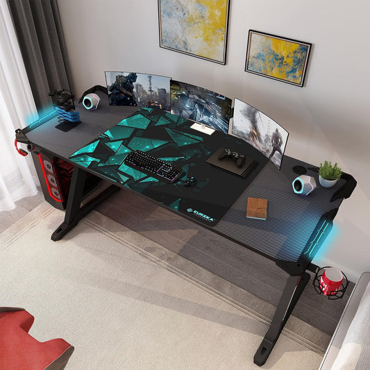 60" Gaming Desk with RGB LED Lights, Large Z-Shaped Gaming PC Desk with Carbon Fiber Desktop Home Office Computer Game Desk Table for Gamer W Mouse Pad, Cup Holder, Headphone Hook, Black