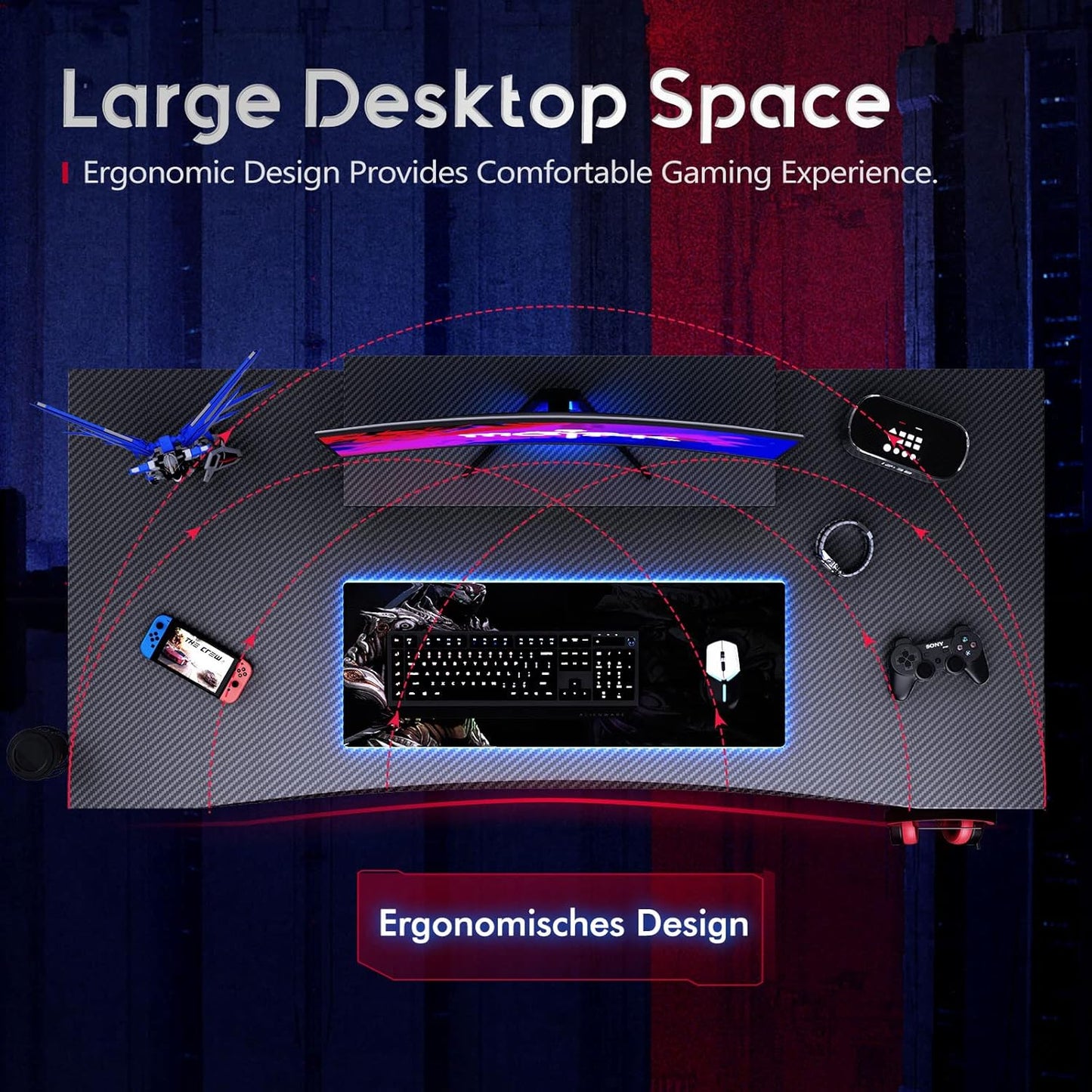 Gaming Desk 45 Inch, Computer Desk with Monitor Shelf, Gaming Table Carbon Fiber Coated, Gift Ideas, Gamer Desk with Cup Holder and Headphone Hook, Black