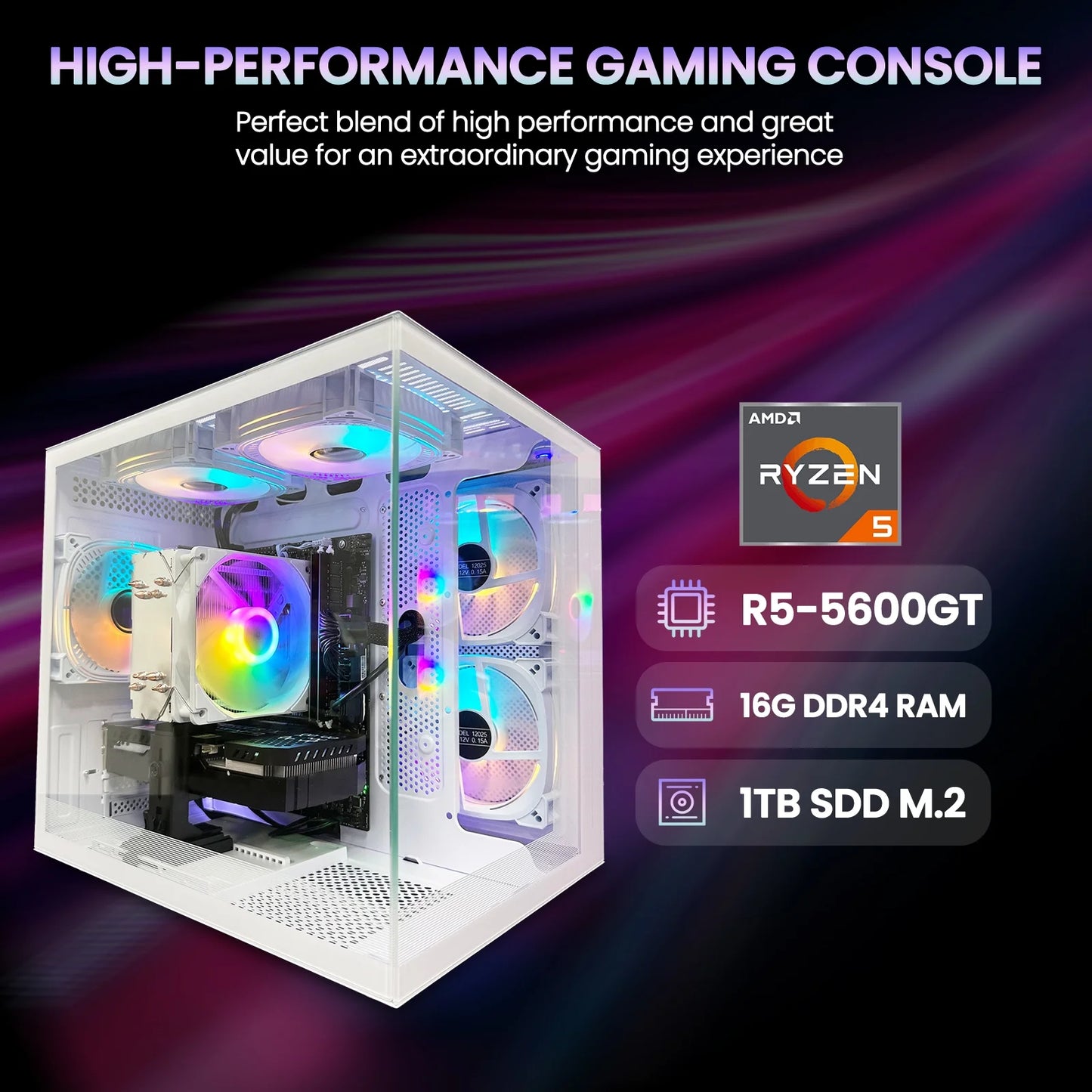 AMD Ryzen 7 5700X Gaming PC with B450 Motherboard, 32GB RAM, 1TB Nvme SSD, NVIDIA RTX 4060 8GB, Wifi 6, and RGB Lighting