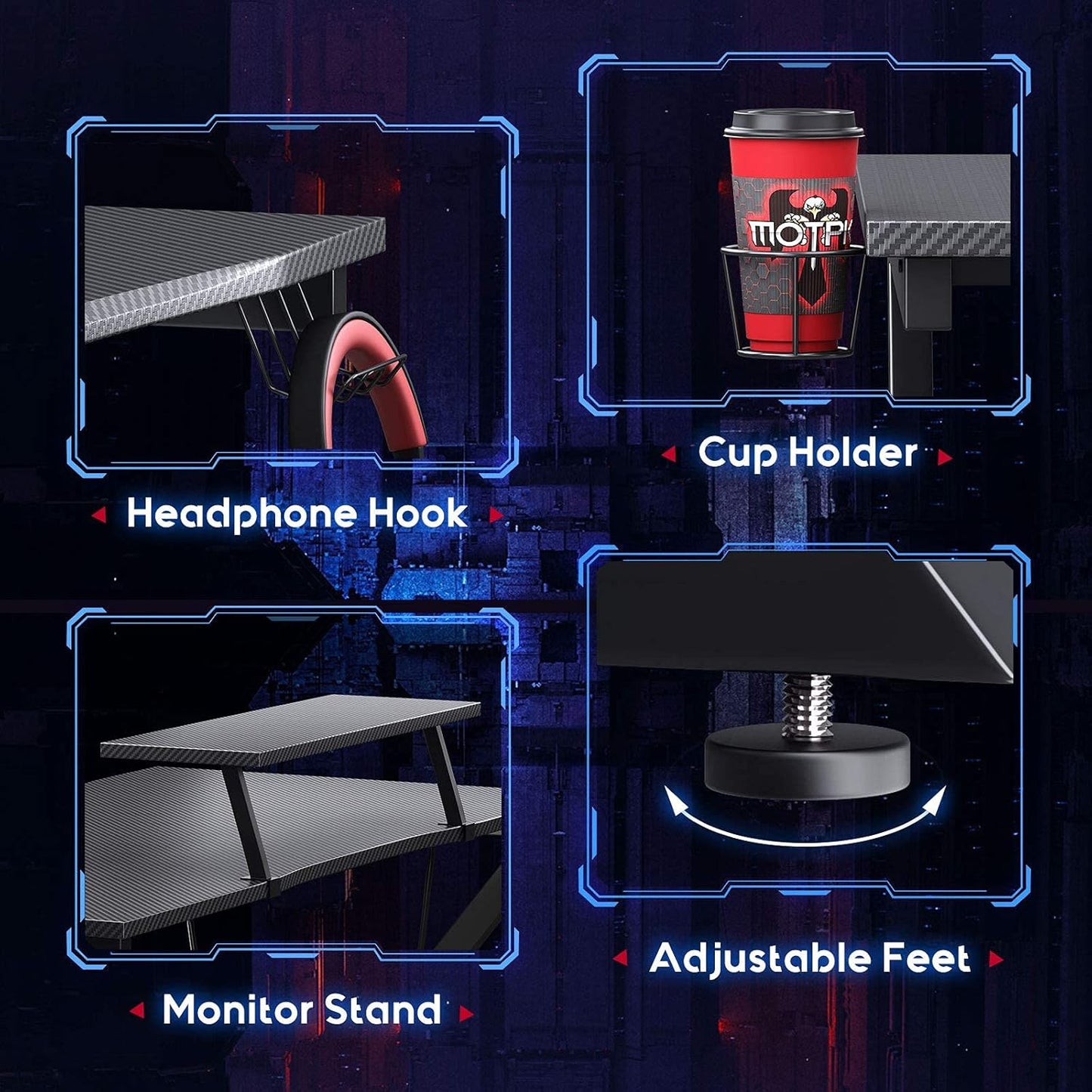 Gaming Desk 45 Inch, Computer Desk with Monitor Shelf, Gaming Table Carbon Fiber Coated, Gift Ideas, Gamer Desk with Cup Holder and Headphone Hook, Black