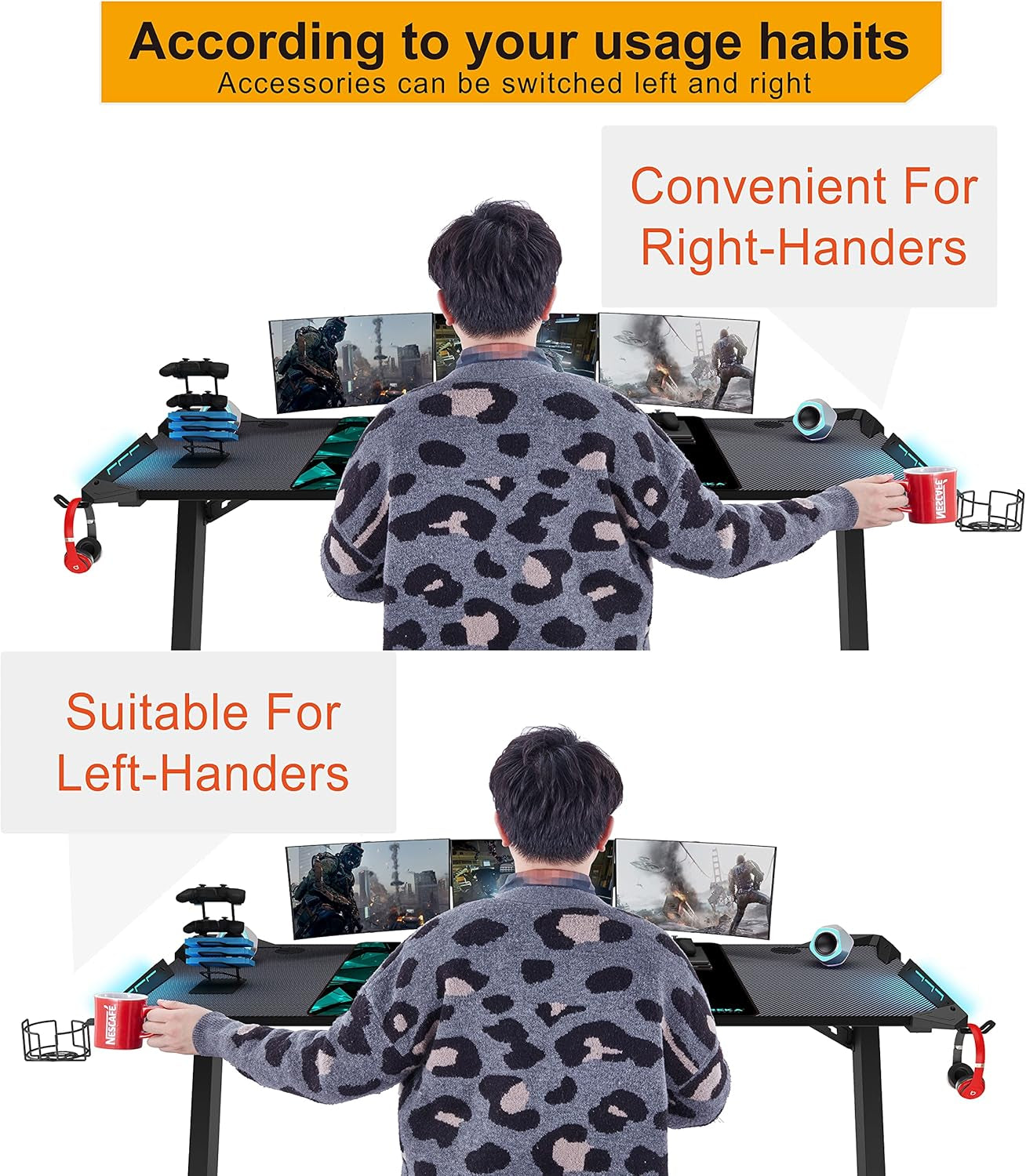 60" Gaming Desk with RGB LED Lights, Large Z-Shaped Gaming PC Desk with Carbon Fiber Desktop Home Office Computer Game Desk Table for Gamer W Mouse Pad, Cup Holder, Headphone Hook, Black